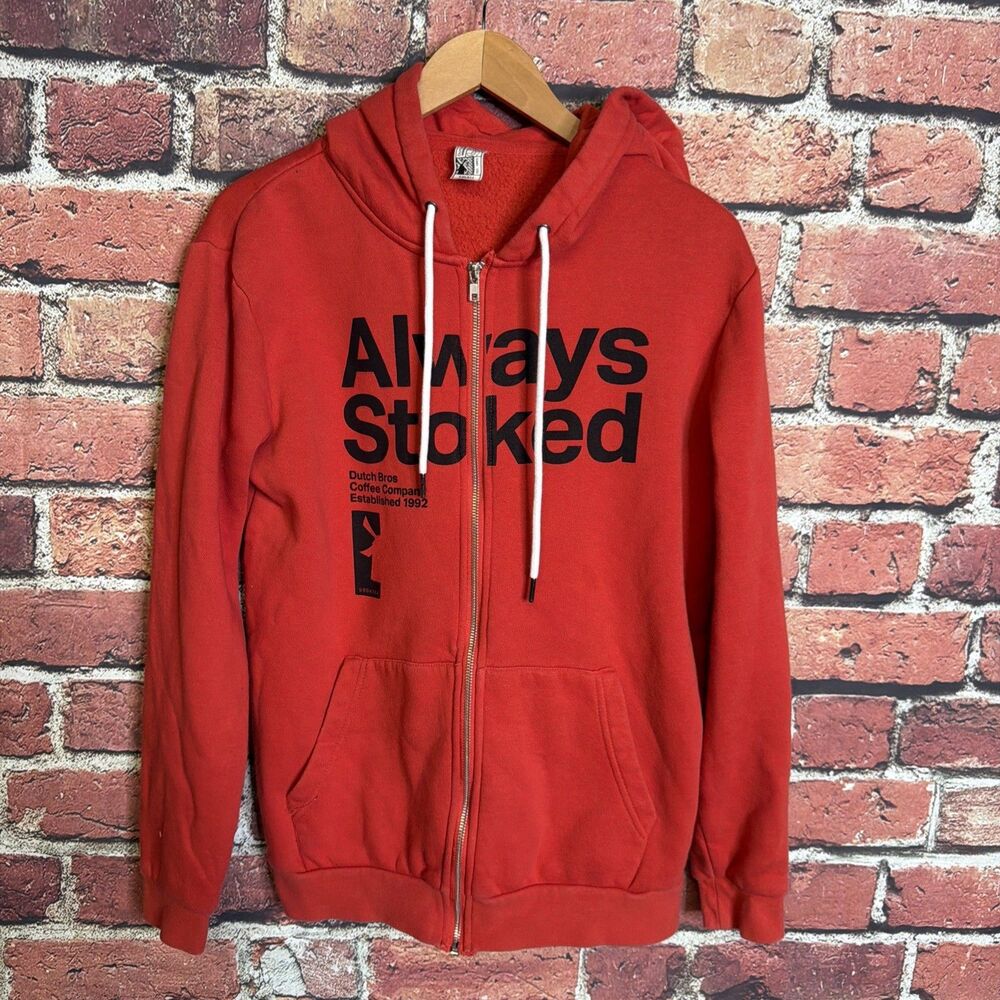 Dutch Bros Coffee Red Always Stoked Graphic Long Sleeve Zip Up Hoodie Size Small